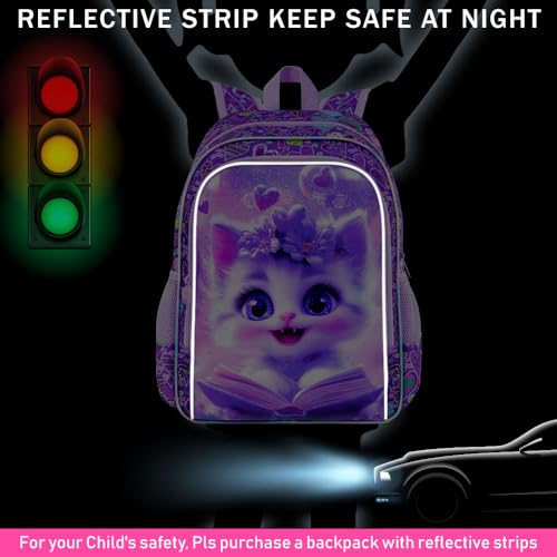 Image of CCJPX 3Pcs Cat Backpack for Girls, 16 inch Kids Bookbag with Lunch Box, Water Resistant Elementary School Bag for Kindergarten Preschool Toddler (Purple)