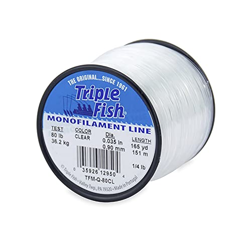 Triple Fish Monofilament Line, 80 lb / 36.2 kg Test.035 in / 0.90 mm Dia, Clear, 1/4 lb / 0.11 kg Spool, 165 yd / 151 m, (TFM-Q-80CL)