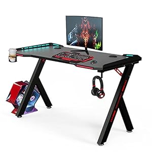 bigzzia Gaming Desk RGB Lighting Ergonomic Gamer Workstation, Carbon Fibre Surface, Cup Holder and Headphone Hook, 120 * 60 * 72cm