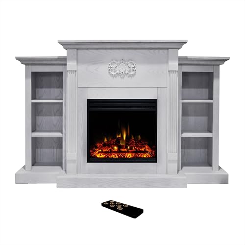 Cambridge Sanoma 72-inch Freestanding Fireplace TV Stand in White with 1500W Electric Heater Insert with Log Display and Remote, Indoor Use in Living Room, Bedroom, Home Office