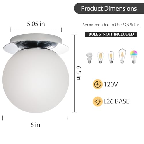 Image of Modern Chrome Globe Wall Sconce，Single Light with Milk Glass Shade | 6 inch Minimalist Spherical Vanity Sconces,Contemporary Small Brass Ball Lights Fixture for Entryway Bedside Bathroom,E26 Base