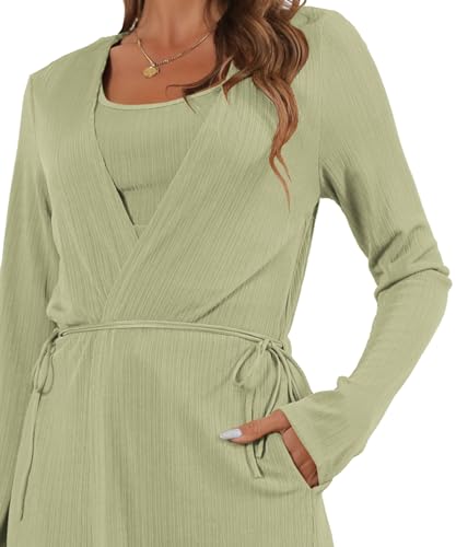 Image of 3 Piece Lounge Sets for Women Airport Travel Outfit | Long Cardigan,Tank Top ,Wide Leg Pants with Pockets,Comfy Loungewear,Casual Chic, Airplane Clothing,Vacation Matching Set
