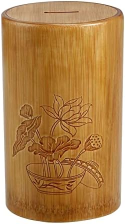 Bamboo Tube Piggy Bank with Lotus Carving Pattern,Creative Coin Bank,Retro & Simple Money Bank,Natural Handmade Piggy Bank,Furniture Decoration, Gifts-Small Size-Lotus