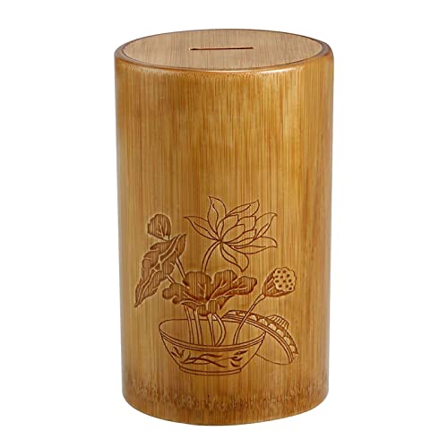 Bamboo Tube Piggy Bank With Lotus Carving Pattern,Creative Coin Bank,Retro & Simple Money Bank,Natural Handmade Piggy Bank,Furniture Decoration, Gifts-Small Size-Lotus #TOP1