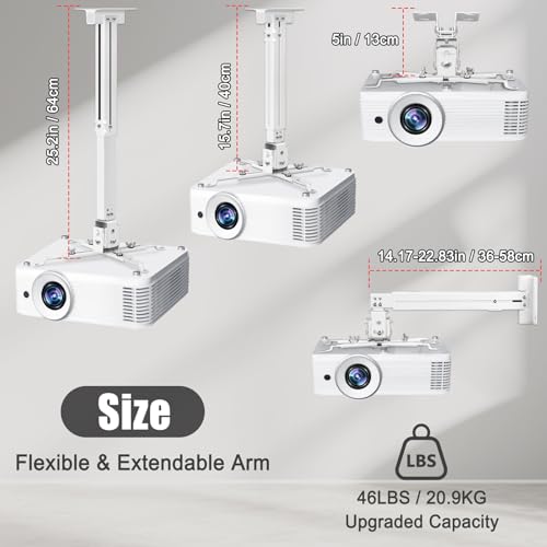 2-Be-Best Projector Ceiling Mount Wide Pipe Universal 3-in-1 Projector Wall Mount Bracket with Adjustable Arm, Flush Mount Option, Built-in Cable Management for Office Home White - Image 3