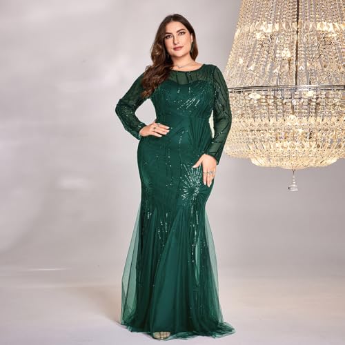 Image of Plus Size Long Sleeve Sequin Evening Dress Glitter Mermaid Long Gown for Mother of The Bride Or Wedding Guest
