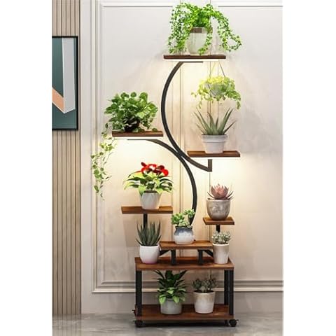 SPRIKIR Plant Stand Indoor with Grow Lights, 8 Tiered Plant Shelf with Wheels, 61" Tall Metal S-Shaped Plant Holder for Indoor Plants Multiple, Wooden Plant Rack for Home, Patio (Black) Cover