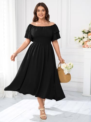 Image of Plus Size Maxi Dress Off The Shoulder Ruffle Smocked Wedding Guest Cocktail Slit Hem Flowy Dresses for Curvy Women