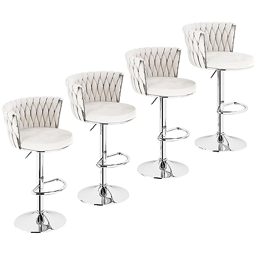 Image of Lamerge Velvet Bar Stools Set of 4, Adjustable Swivel Counter Height Barstools with High Backrest & Footrest,Upholstered Bar Chairs Kitchen Island Chairs,Beige