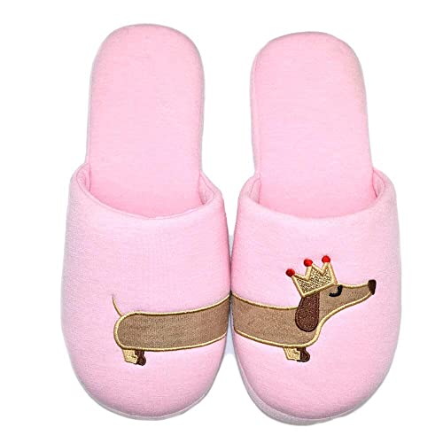 Femme Maison Chaussures Teckel Chien saucisse Coton Animal Pantoufles Intérieur Confortable Chambre Pantoufles(38-39 EU, Teckel Rose) Cover