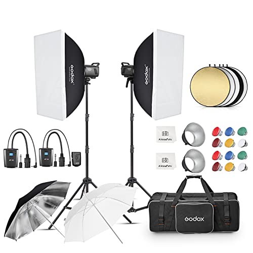 Godox 2pcs MS300V 600W Studio Strobe Flash Light Kit,2.4G Bowens Mount Lighting Flash GN58 5800K with AT-16 Trigger,Light Stands,Softboxes,Umbrella,Reflector,Carry Bag for Portrait Product Photography