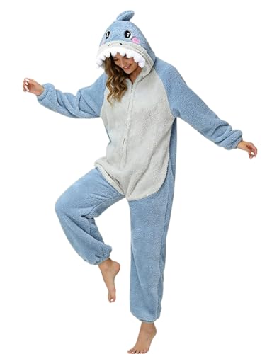 chuangminghangqi Einteiliger Schlafanzug Damen Winter Einteiler Tierkostüm Erwachsene Kostüm Jumpsuit mit Reißverschlüsse Locker und Bequem Pyjama Unisex Onesie Kleidung Mit Kapuze(Hai XXL)