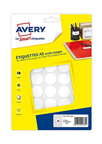 AVERY - Etui de 640 pastilles blanches autocollantes, Diamètre 15mm, 24 mm