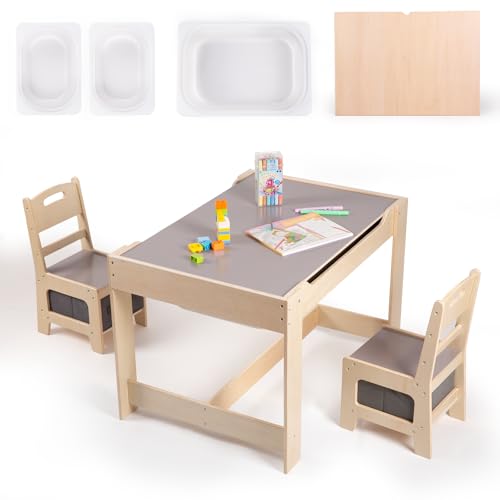 Image of Rinnebbit Toddler Table and Chair Set, 4 in 1 Wood Activity Table with 3 Folding Storage Bins, 2 Drawers, Detachable Tabletop for Drawing, Read, Play, Sensory Table for Home, Nursery (Natural + Gray)