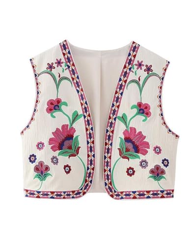 Womens Floral Embroidered Vest Vintage Open Front Outwear Boho Vests Sleeveless Waistcoat
