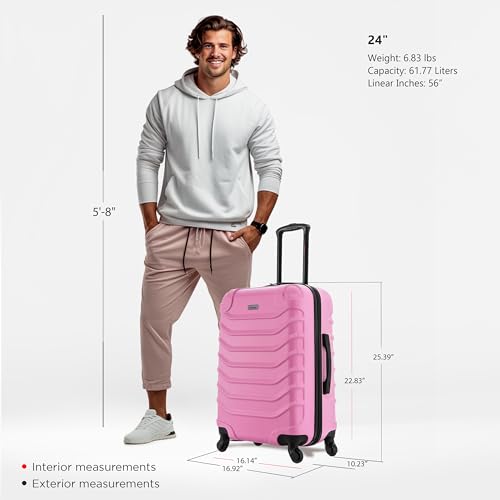 Image of InUSA ENDURANCE Luggage with Spinner Wheels | Durable Lightweight Hardside Suitcase, Spacious Travel Bag with Handle and Trolley | 24-Inch Medium Checked Luggage | Pink