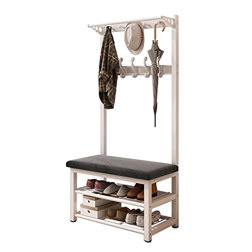 Perchero industrial con zapatero, banco, perchero y gancho, organizador 4 en 1 para salón, pasillo, oficina, dormitorio, 80/100 x 33 x 172 cm