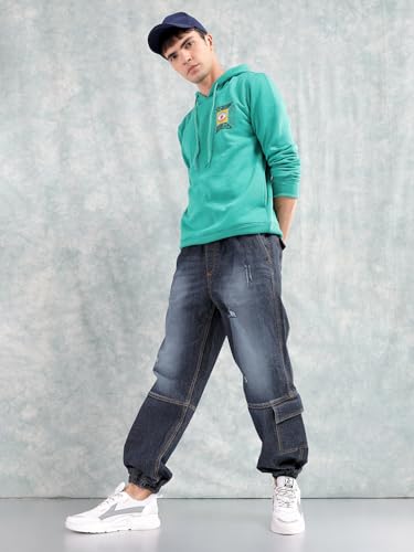 Image of The Indian Garage Co Men Loose Fit Solid Mid-Rise Stretchable Denim Joggers