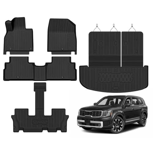 NQOQN Custom Fit Floor Mats for Kia Telluride 7 Seats 2020-2025 All Weather TPE Floor Liners with Trunk Mat & Backrest Protectors Odorless Full Set Interior Accessories
