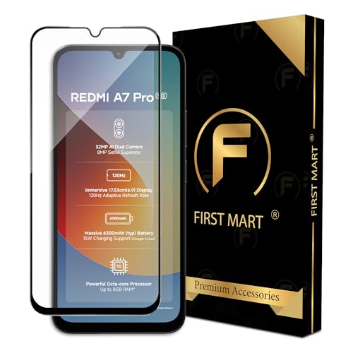 Image of FIRST MART Tempered Glass for Redmi A7 Pro, 15A & Redmi 15C, 9H Full-Glue Screen Protector, 3D Edge-to-Edge, HD Clear, Oleophobic, Case-Friendly, Black, Pack of 1