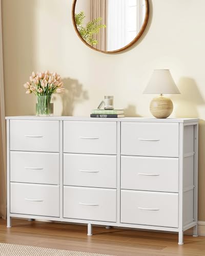 Image of SONGMICS BELLAH Collection - Dresser for Bedroom, TV Stand for TVs Up to 55 Inches, Chest of Drawers for Living Room, Closet, Steel, 9 Drawers, Modern, Cloud White ULGS033WH02S