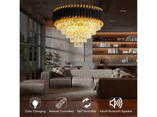 Image of Modern Black & Gold Crystal Moving Chandelier, 500mm (50 Cm. (19.6 Inch) Round LED Pendant Light with Remote Control, Multicolour changing ,Luxury Contemporary Ceiling Light Fixture For decoration A