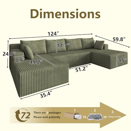 Image of 124 inch Modular Sectional Sleeper Sofa, Boneless Cloud Couch for Living Room, U Shaped 3 Seat Sofa with Deep Seat, Free Combination, Couch in a Box, No Assembly Required (Green)