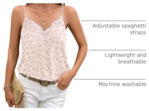 Image of Ekouaer Women's Satin Camisole Lace Silk Satin Pajama Tank Tops V Neck Soft Spaghetti Strap Loose Sleepwear Pink Leopard