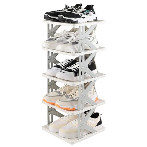 Callyne Zapatero vertical de 5 niveles, pequeño, de plástico, gris, plegable, estrecho, para esquina, entrada, lugar pequeño