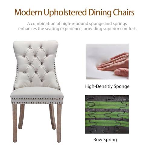 MZDOO Dining Chairs Set of 6, Upholstered Tufted Linen Fabric Dining Room Chairs with High Back, Nailhead Trim and Solid Wood Legs, Modern Dining Chair for Dining Room, Kitchen(Beige) - Thumbnail 4