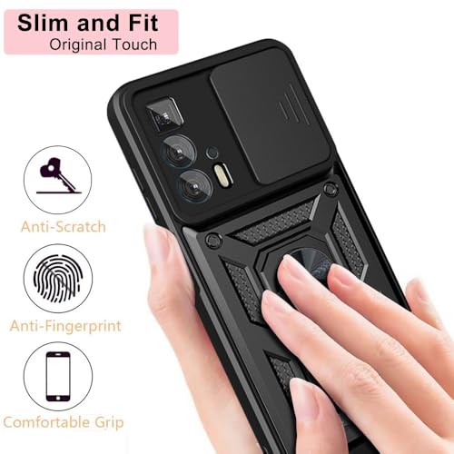 Image of Heavy Duty Back Case Cover for Moto Edge 20 Pro 5G, Shockproof Moto Edge 20 Pro Back Cover, Ring Case with Kickstand and Camera Protection Shutter - Black