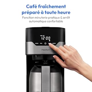MEDION Cafetière isotherme MD 18458, machine à café avec minuterie, stop-goutte et sélecteur d'arôme, avec thermos d'une capacité d'1,1 litre, acier inoxydable