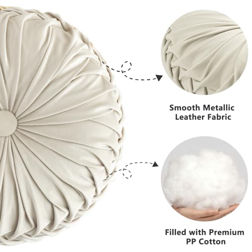 Image of HIG Set of 2 Decorative Round Pleated Throw Pillows,Classy Accent Pumpkin Throw Pillows with Center Button,Vintage Velvet Floor Pillows for Sofa Vanity Chair Bed, Beige,14.5 inch Diameter(Ripple)