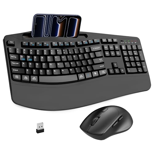 Wireless Keyboard and Mouse Combo, 2.4G Full Size Wave Keys...