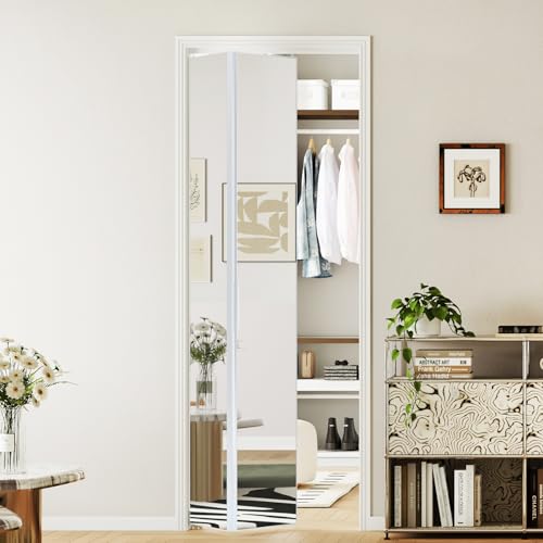 Image of Bifold Door for 24 inchx80 inch Opening, Preassembled Aluminum Alloy Mirrored Folding Door with Hardware Kit Included, Interior Bi fold Barn Door for Bedroom & Closet, White