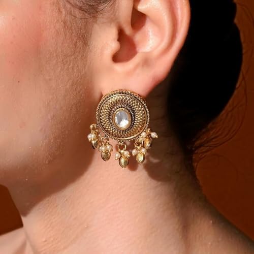 Image of Sayda JewelsGold Plated Antique Traditional Jhumka Earring Indian ethnic Temple design studs Chandbali Style Bridal, Wedding & Festive Jewellery For Women & Girls