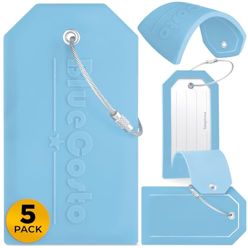 BlueCosto - Luggage Tags - Large, Blue, 5 PK - PVC Suitcase Tags w/Privacy Cover & Stainless Steel Wire Loops - Personalized Baggage Identifiers for Travel - Backpack Name Labels
