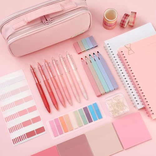 Lincia 45 Pcs Pink School Supplies Aesthetic with Cute Pen Case Notebooks Highlighters Gel Pens Sticky Notes Index Tab Clips Washi Tapes Back to School Pastel Stationery Set - Image 5