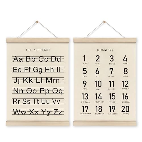 Image of HRQKO Alphabet Numbers Poster Hanger Frame Set of 2, Nursery Wall Decor, Black ABC Poster Wall Art with Wooden Frames, Alphabet Banner Wall Hanging Decor for Boy Toddler Room Playroom, 12x16 Inch