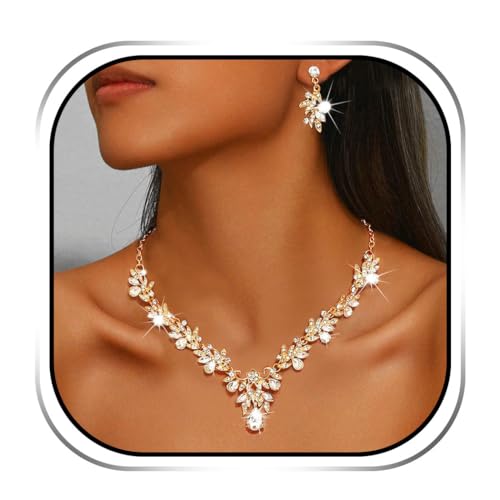 Evlry Brautschmuck-Set für Hochzeiten, Kristall-Strass-Halskette, Abschlussball-Kostümschmuck Halskette für Frauen (Gold, Einheitsgröße)