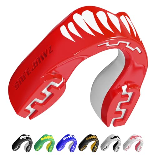 Image of SAFEJAWZ Mouth Guard, Dual Layer Mouthguard for Youth with Case, Easy Fit Remoldable Mouthpiece for Football, Boxing, Lacrosse, MMA, Basketball & All Contact Sports (Kids <11 Years, Viper Red)