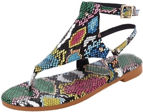 Womens Sandals Women’s Snake-skin Pattern Gladiator Sandals for Summer Ankle Strappy Open Toe Beach Shoes Flat Sandals Comfy Style