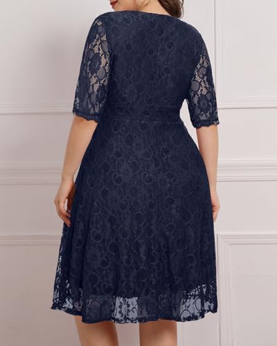 Women's Plus Size Wedding Guest Cocktail Party Semi Formal Lace Wrap V Neck Knee Length Dress4