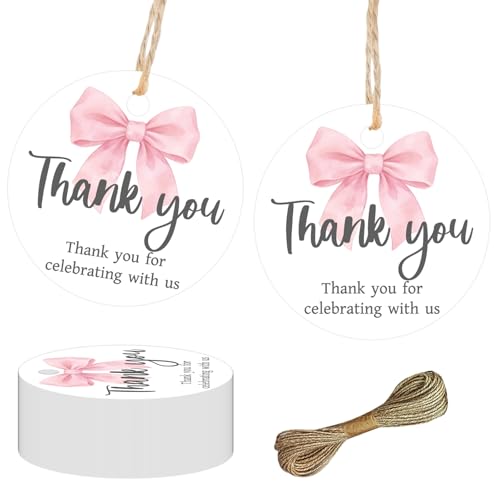 50 etiquetas de agradecimiento redondas con lazo rosa para detalles de primer cumpleaños de niñas