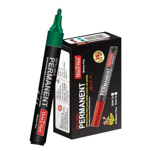 Image of Soni OfficeMate Permanent Marker - Green | Refillable, Thick Barrel Design | Quick-Drying, Waterproof & Fade-Resistant | Alcohol-Based Ink, Non-Bleeding | Multi-Surface Use - Plastic, Glass, Ceramic,