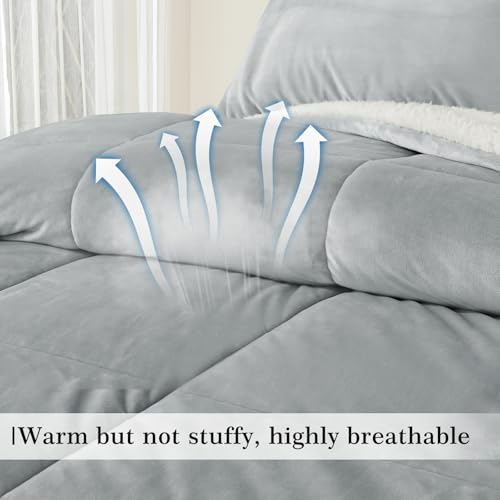 Image of MERITLIFE Fluffy Sherpa Queen Size Bedding Comforter Sets Queen Comforter Set-3 Pieces Bed in a Bag Light Grey Soft Comforter and Pillowcase Luxury Warm Bedding Set for Winter