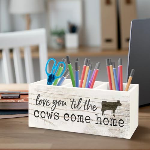 Image of Funny Cow Wooden Pen Pencil Holder for Office Desk Accessories, Cow Lover Gifts, Love You 'Til the Cows Come Home Makeup Brush Toothbrush Holder Organizer for Bathroom