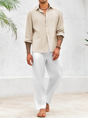 Makkrom Men's Casual Cotton Linen Button Down Shirts Cuban Guayabera Shirt Long Sleeve Summer Beach Tops4