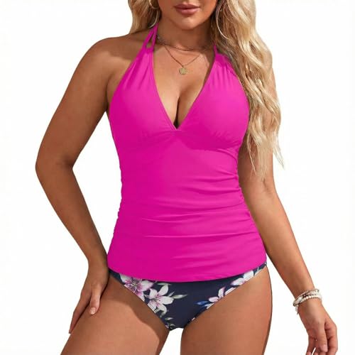 Elegante Tankini Dos Piezas con Estampado Floral Cintura Alta y Cierre Ajustable para Mujer Conjunto Veraniego Ideal Playa Piscina (S)