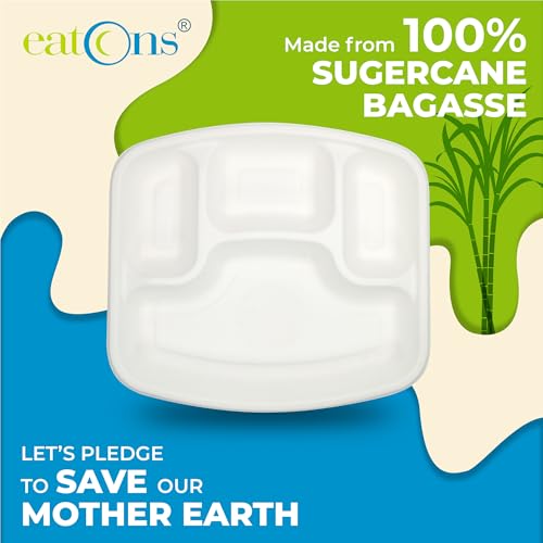 Image of EATONS | 4 Compartment Bagasse Meal Tray | 11 Inch - Pack of 100 | Disposable Plates Big Size | Sugarcane Paper Plates | Great for Events, Caterers & Buffet | Heavy Duty, Leakproof, Microwave Safe
